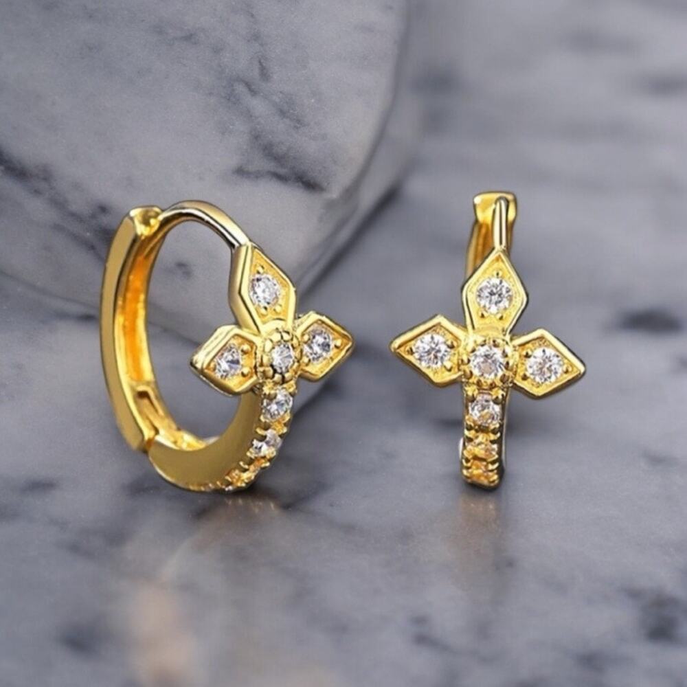 NEW 14K yellow gold pl over sterling silver CZ hoop cross earrings jewelry B5A - Picture 9 of 9